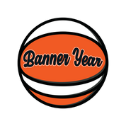 Round orange basketball sticker with Banner Year wordmark, black and white detailing