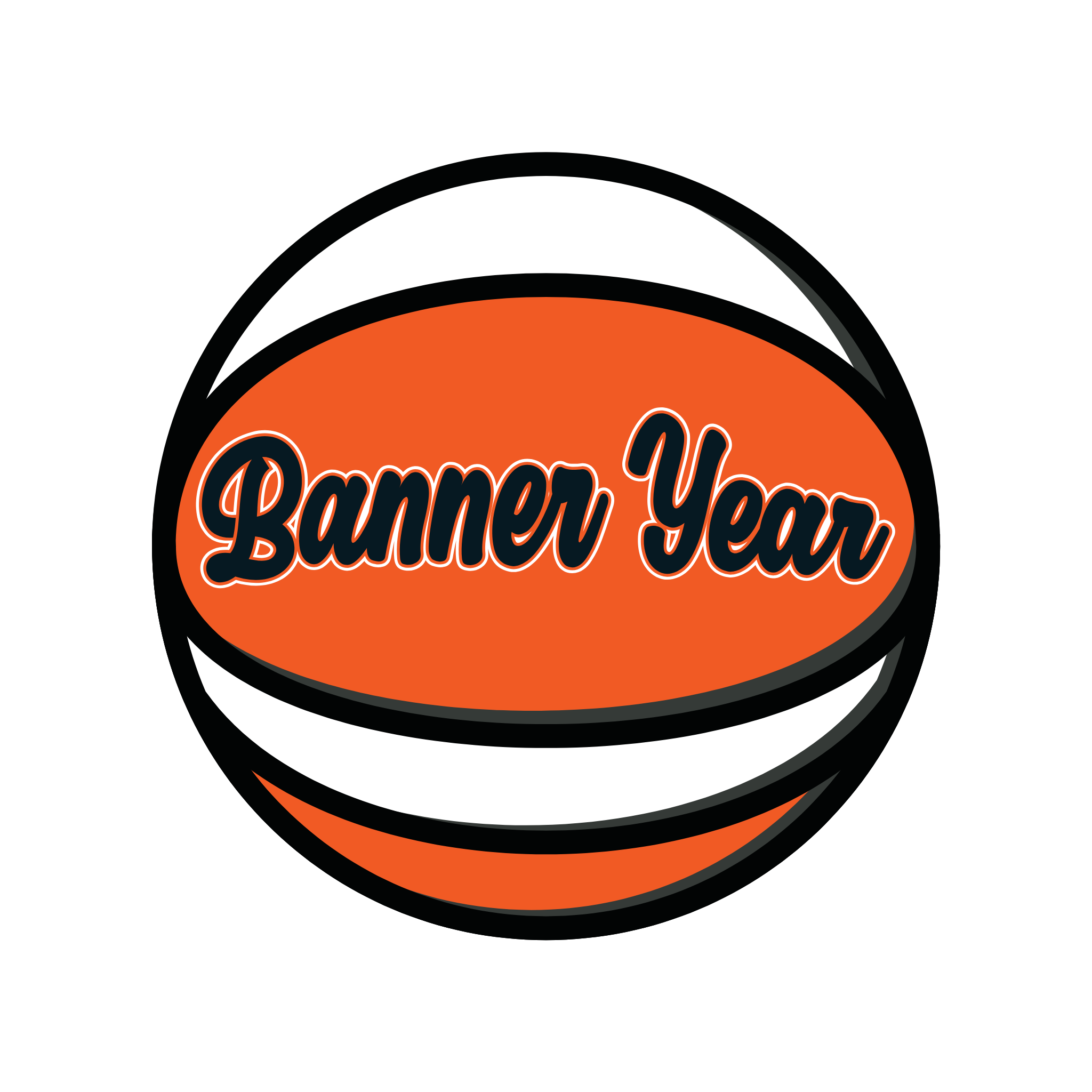 Round orange basketball sticker with Banner Year wordmark, black and white detailing