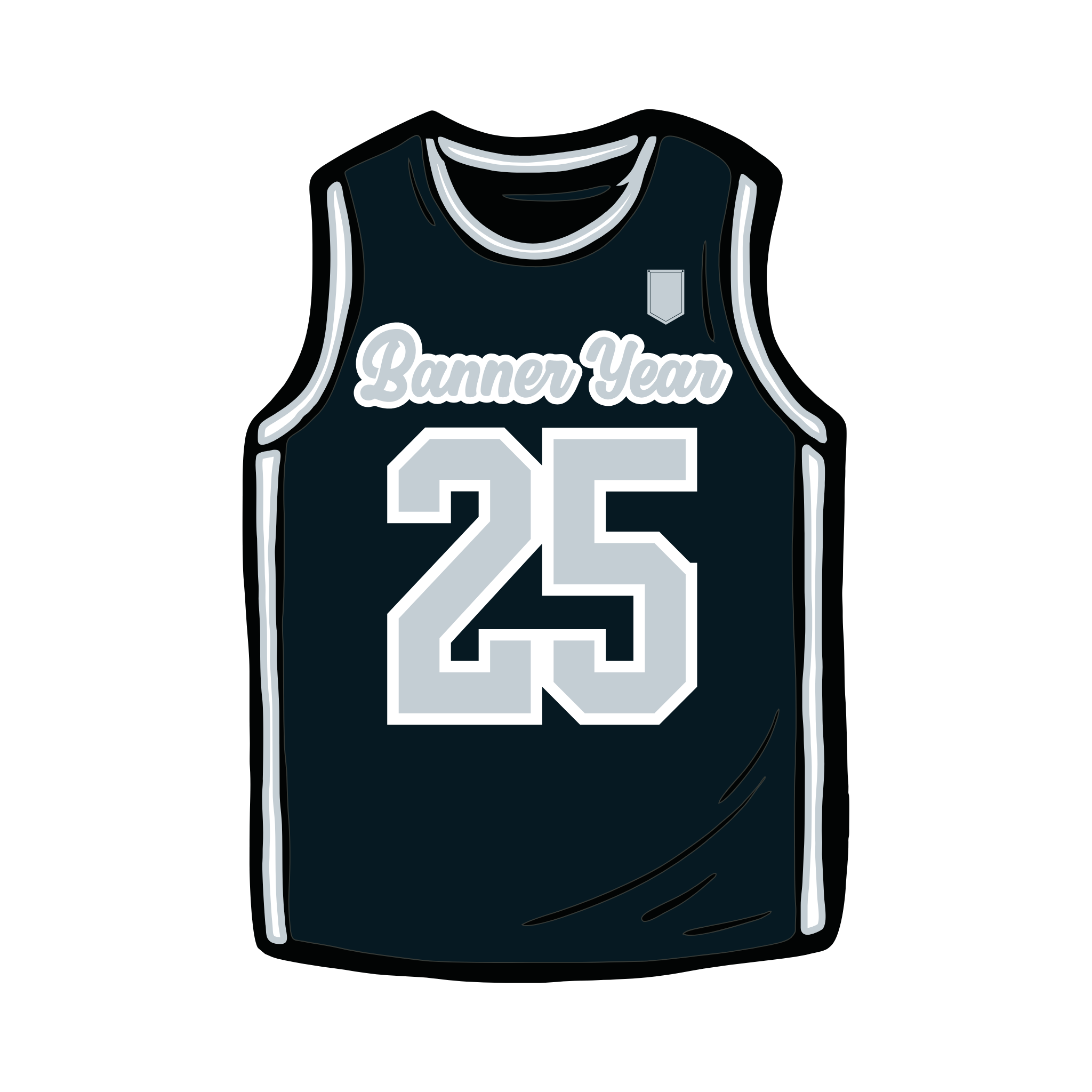 Black and silver die-cut jersey sticker with Banner Year wordmark and number 25